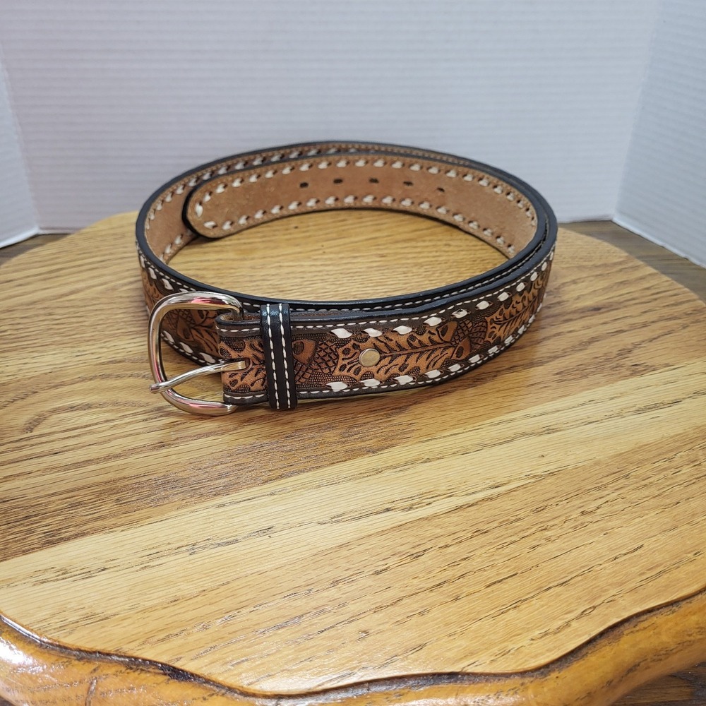 Dun Dee Full Grain Cowhide Tooled Leather Belt Western Cowboy Size 44 Texas